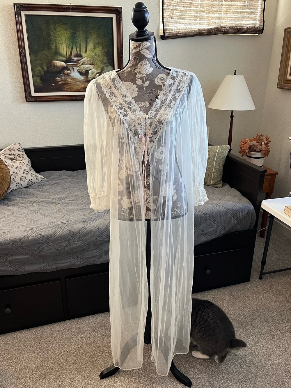 Sheer Ivory Long Robe with Lace Trim - Women Intimates & Sleepwear